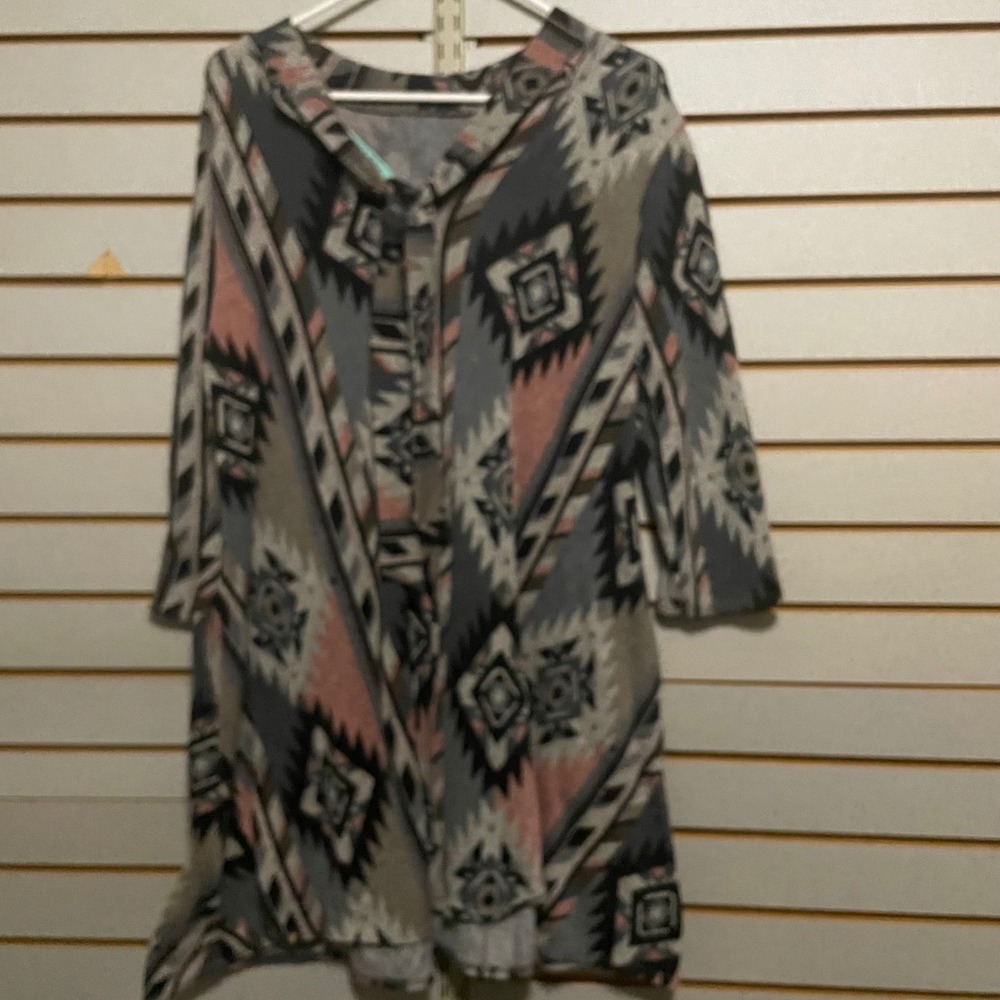 Filly Flair Womens‎ Aztec Geometric Print Mid Dress Grey Pink Boho Pockets L